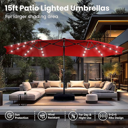 PHI VILLA 15ft Large Patio Umbrellas with 36 LED Solar Lights, Double-Sided Outdoor Market Rectangle Umbrellas, Base (Stand) Included, Dark Red