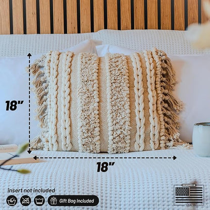 Decorative Boho-Chic Square Pillow Cover 18x18 Handwoven Tufted Braided Cotton Accent Pillows, Neutral Throw Cushion for Couch, or Bed, Farmhouse & Bohemian Home Decor, Trendy USA Design
