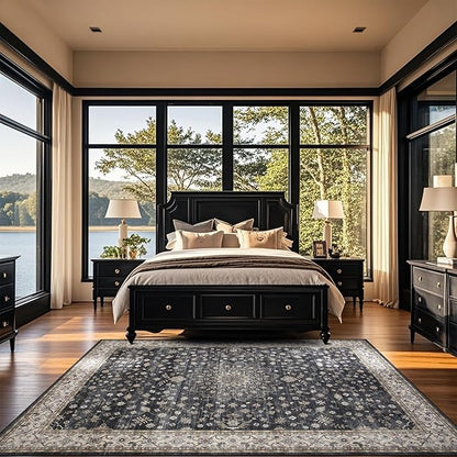 Washable Rugs 8x10 Area Rugs for Living Room,Rugs for Bedroom,Large Carpets,Ultra Soft Faux Wool Retro Dining Room Rug,Non Slip&Non-Shedding Low Pile Vintage Print Rug for Home Office-Black