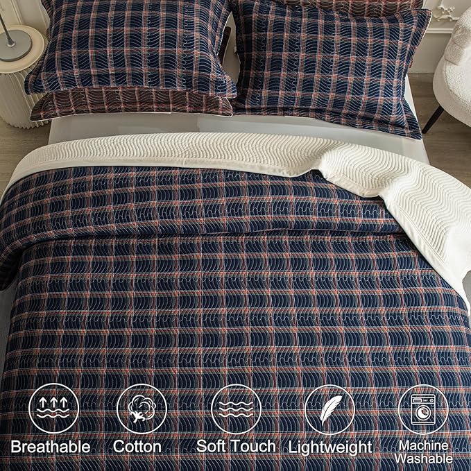 Cotton Plaid Quilt Set King 3 Piece Lightweight Reversible Bedding, Grid Dark Blue