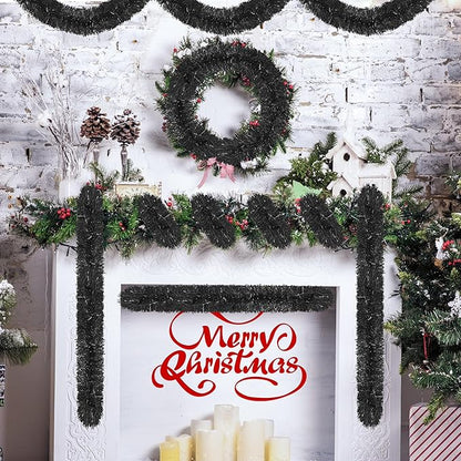 50 Ft Christmas Tinsel Garland Black Thick Tinsel Garland Xmas Tree Decorations Metallic Tinsel Twist Garland for Christmas, Birthday, Party Decor Indoor Outdoor Party Supplies