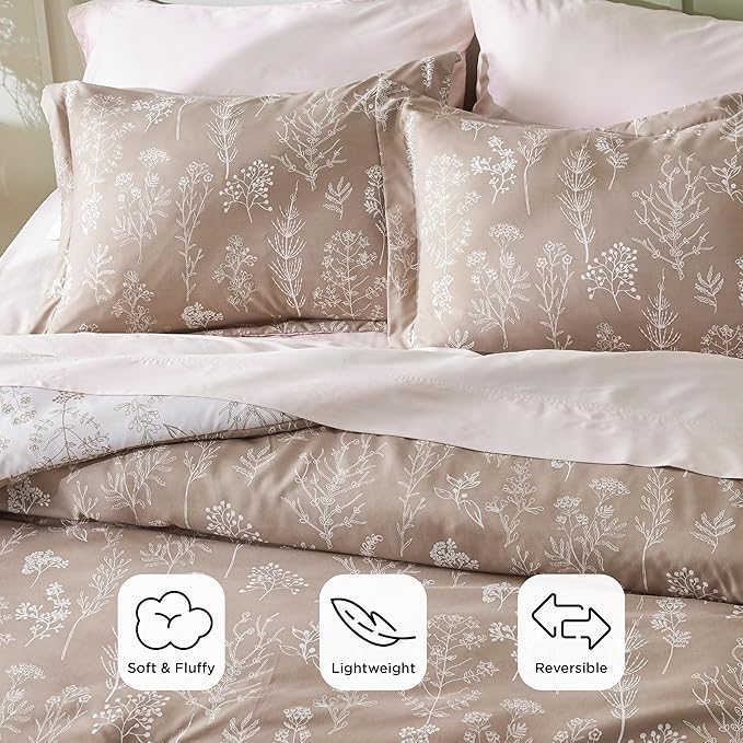 Bedsure Twin/Twin XL Comforter Set - Light Taupe Bed Set, 2 Pieces Cute Floral Bedding, 1 Soft Reversible Botanical Flowers Comforter and 1 Pillow Sham