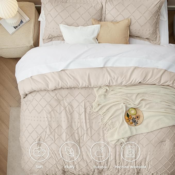 Bedsure Full Comforter Set - Beige Comforter, Boho Tufted Shabby Chic Bedding for Kids, 3 Pieces Vintage Farmhouse Bed Set for All Seasons, Fluffy Soft Bedding with 2 Pillow Shams