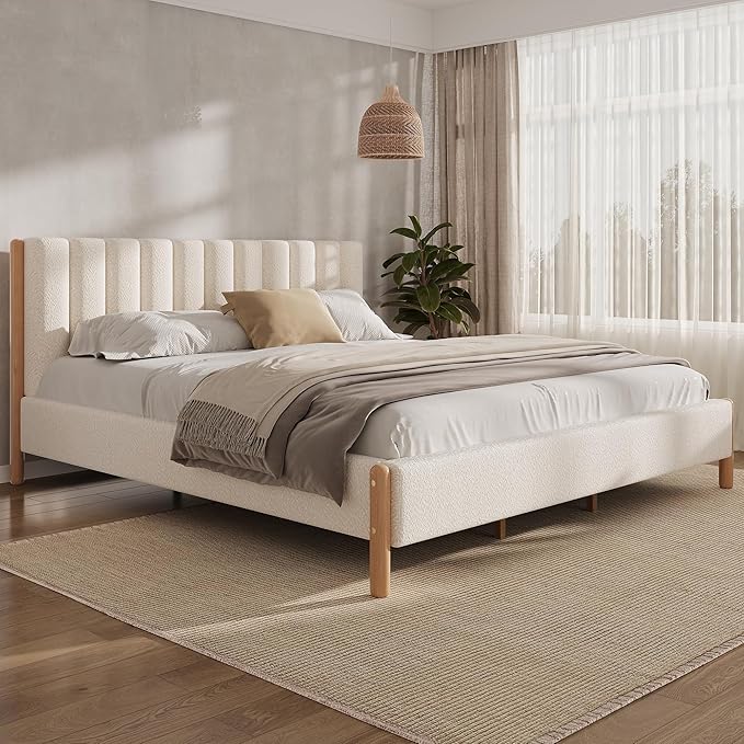 Queen Size Bed Frame, Upholstered Cloud Boucle Platform Beds Frames with Headboard, Anti-Collision Soft Rounded Corners Footboard, No Box Spring Required, Easy Assembly (39.8" White, Queen)