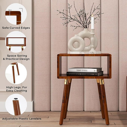Bme Dinkee Solid Wood Bedside Table Without Drawer for Mid Century Bedroom and Living Room, Dark Chocolate