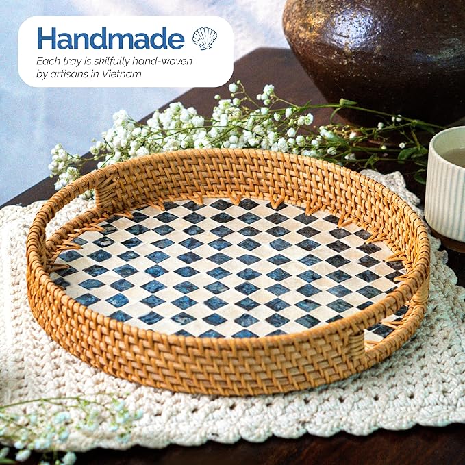 JUNGLE CULTURE Large Rattan Serving Tray 14" with Mother of Pearl Inlay • Coastal Boho Collection • Handcrafted Serving Tray with Handles • Round Woven Table Trays for Home • Wicker Basket – Drift