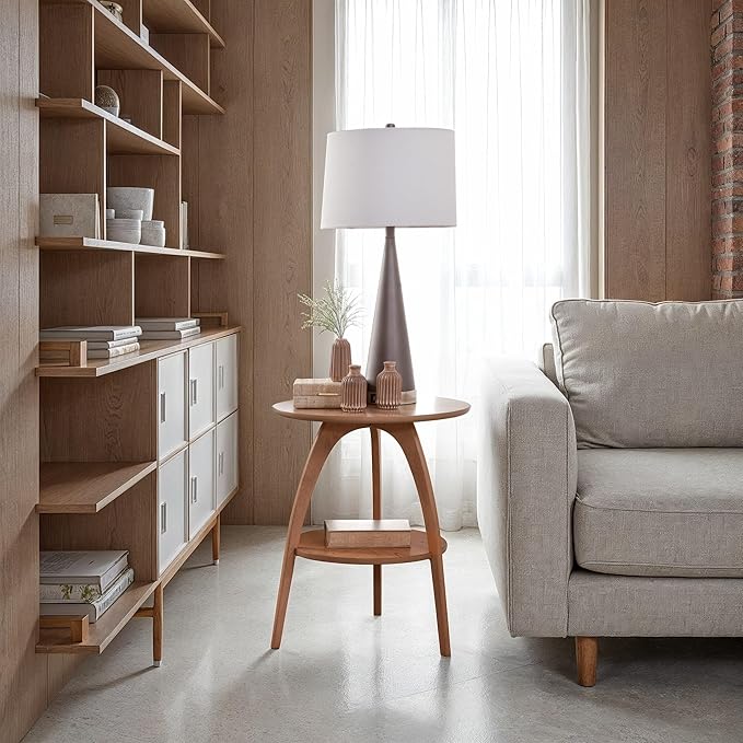 Martin Svensson Home LAX Retro Mid-Century Modern Round Wood End Table, Solid Grain Side Table with Lower Shelf, Small Accent Table for Living Room or Nightstand. Light Wood Blonde.