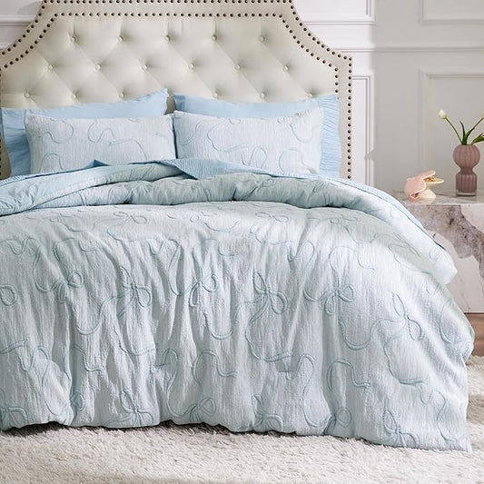 Bedsure Twin Size Comforter Set, Dusty Blue Boho Tufted Bed Set, 3D Puffy Jacquard Bedding King Size, 2 Pieces, 1 Farmhouse Shabby Chic Embroidery Comforter with Bow Pattern & 1 Pillow Case