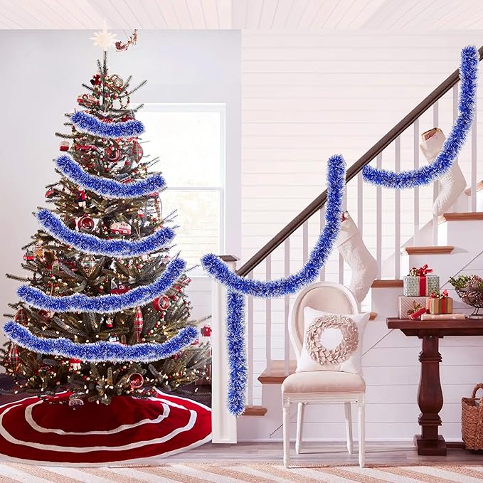 33FT Blue Tinsel Christmas Garland Metallic Twist Shiny Garland for Christmas Tree Decorations, Xmas Holiday Hanging Garland for Home Indoor Outdoor Party Supplies Decor (Blue, White)