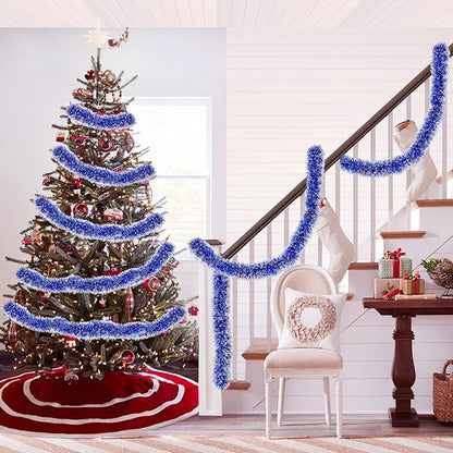 33FT Blue Tinsel Christmas Garland Metallic Twist Shiny Garland for Christmas Tree Decorations, Xmas Holiday Hanging Garland for Home Indoor Outdoor Party Supplies Decor (Blue, White)