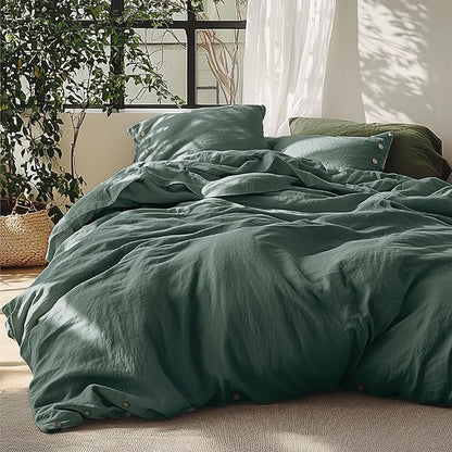 Bedsure Linen Duvet Cover Queen - Linen Cotton Blend Bedding Set, Soft & Cozy, 3 Pieces, 1 Duvet Cover 90x90 Inches and 2 Pillowcases, Dark Green Color Cooling Bedding, Comforter Sold Separately