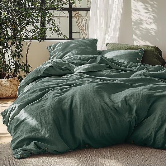 Bedsure Linen Duvet Cover King - Linen Cotton Blend Bedding Set, Soft & Cozy, 3 Pieces, 1 Duvet Cover 104x90 Inches and 2 Pillowcases, Dark Green Color Cooling Bedding, Comforter Sold Separately