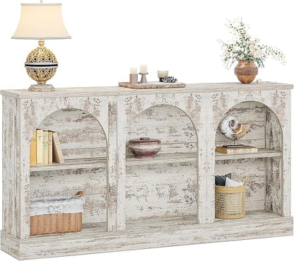 Tribesigns Farmhouse Console Table, 63-Inch Long Entryway Table with 3 Tier Storage, Wooden Rectangular Sofa Table Behind The Couch for Entrance, Hallway, Living Room, Distressed White