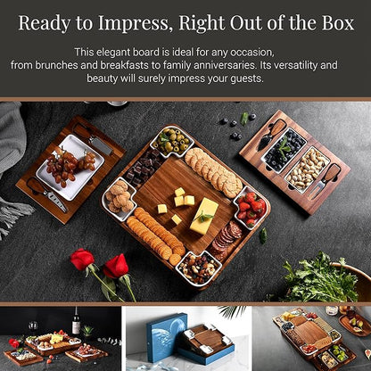 Shanik Upgraded Acacia Cheese Board Set, Square Shaped Charcuterie Set, Cheese Platter, Handcrafted Design and Stainless SteelCutlery Set - Gift for Any Occasion with Engraving