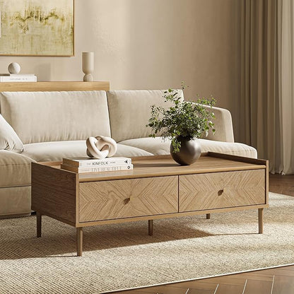 LuxenHome Wood Coffee Table with Storage, 47" Mid Century Modern Coffee Tables with 2-Drawer, Center Table for Small Space, Rectangular Cocktail Tea Tables for Living Room, Office