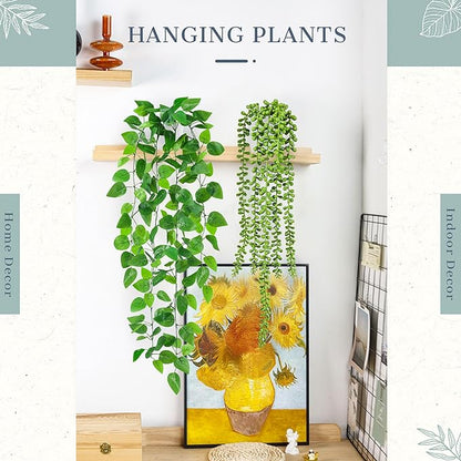 Der Rose 4Pcs Fake Plants Hanging Artificial Ivy Vine Faux Eucalyptus Hanging Plants, Boston Fern, String of Pearls for Living Room Bedroom Boho Wall Shelf Indoor Outdoor Decor (White Pots)