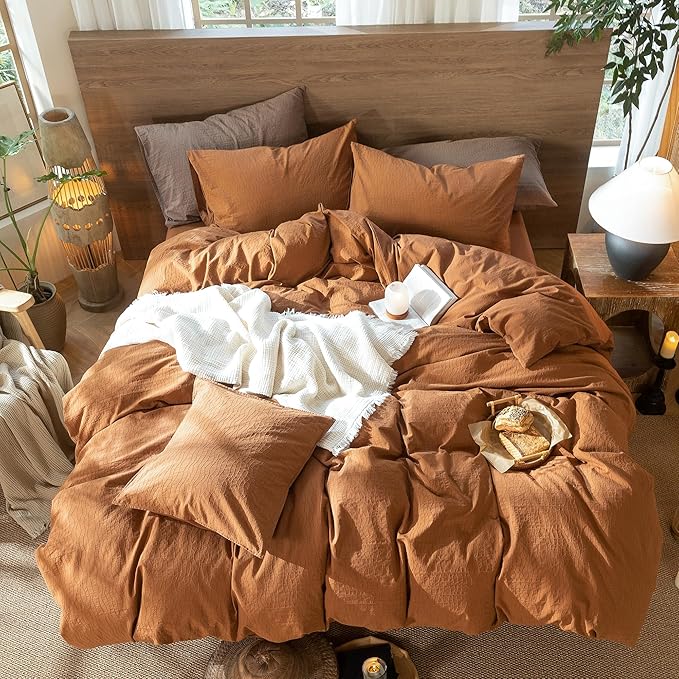 MooMee Wavy Striped Duvet Cover Set 100% Washed Cotton Linen Like Textured Breathable Durable Soft Comfy (Dark Orange, Full 80"x90")