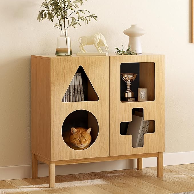 WERMO 37'' Showcase Display Cabinet with Geometric Cut-Out Doors - Modern Curio Cabinet for Dining Room, Living Room, Entryway. Trophy Case and Collectible Display Case Wood with Door & Storage Consoles (Oak)