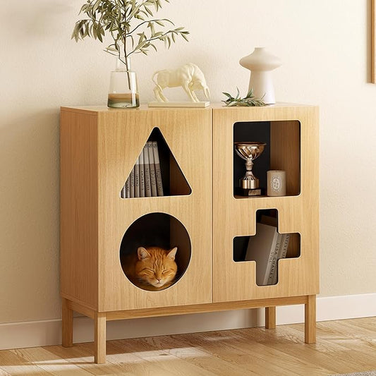 WERMO 37'' Showcase Display Cabinet with Geometric Cut-Out Doors - Modern Curio Cabinet for Dining Room, Living Room, Entryway. Trophy Case and Collectible Display Case Wood with Door & Storage Consoles (Oak)