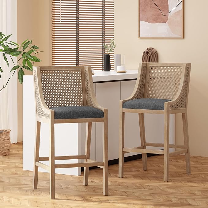 Merax 30" Fabric Upholstered Wood and Cane Barstools with Backrest,Set of 2,French Country Counter Stools Chair