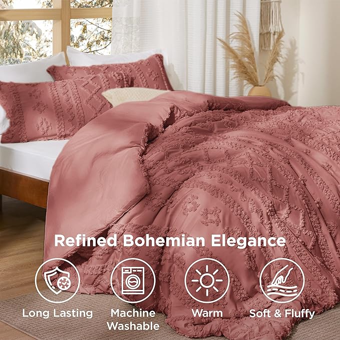 Bedsure Tufted Boho Comforter Set Queen Size - Grayish Pink Boho Bed Set, GentleSoft™ 3 Pieces Farmhouse Shabby Chic Embroidery Bedding, Gifts for Woman, Soft Jacquard Queen Comforter for All Seasons