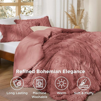 Bedsure Tufted Boho Comforter Set King Size - Grayish Pink Boho Bed Set, GentleSoft™ 3 Pieces Farmhouse Shabby Chic Embroidery Bedding, Gifts for Woman, Soft Jacquard King Comforter for All Seasons