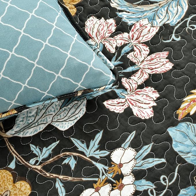 Lush Decor Sydney Reversible Cotton Quilt Set King 3 Piece Bedding, Black Blue