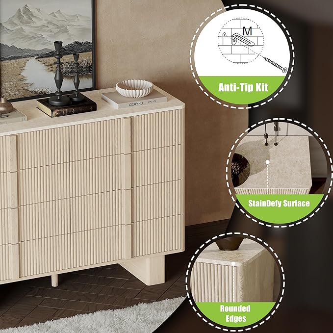 Fluted Dresser for Bedroom with 8 Drawers, 47" Wide Modern Chest of Drawers with Wooden Handle, Wooden Dresser TV Stand, Wood Closet Clothes Storage Organizer for Living Room, Hallway, Whitewashed oak