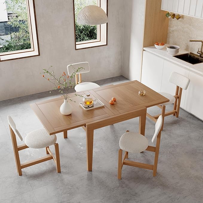 Acanva Rectangle Extendable Dining Table for 4-6 Person, Modern Kitchen Small Space Tables with Solid Wood Legs, Natural Oak