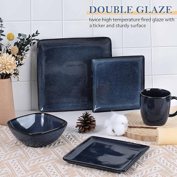 LIANYU 16 Piece Square Dinnerware Sets, Ceramic Plates and Bowls Sets for 4, Dinner Dishes for Kitchen Dining, Microwave & Dishwasher Safe, Sapphire Blue