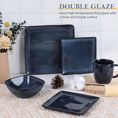 LIANYU 16 Piece Square Dinnerware Sets, Ceramic Plates and Bowls Sets for 4, Dinner Dishes for Kitchen Dining, Microwave & Dishwasher Safe, Sapphire Blue