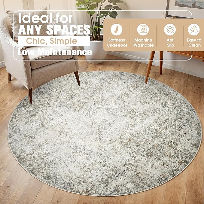 Round Rug 6ft Circle Rug Washable: Carpet Small Circular Area Rug for Entryway Kitchen Bedroom Dining Room Living Room 6 Feet Abstract College Dorm Non Slip Low Pile Beige Brown
