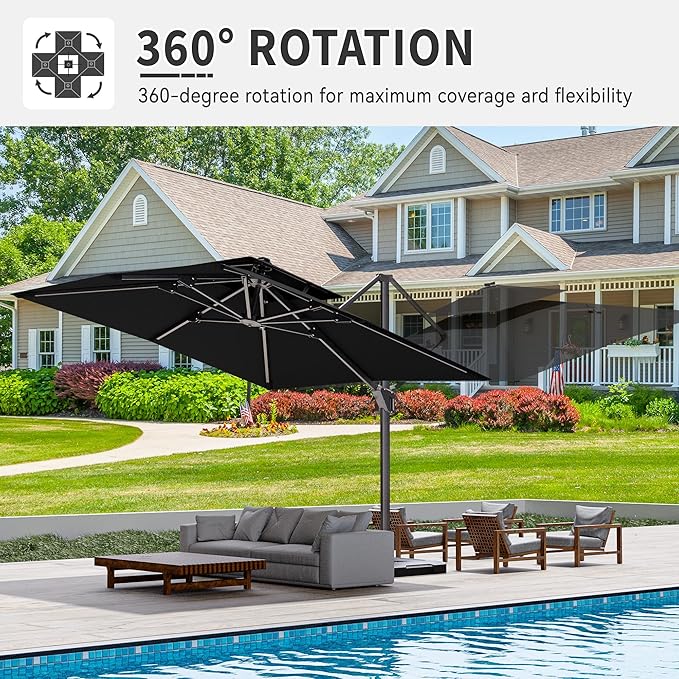 10' X 10' Cantilever Patio Umbrella Outdoor with Base Included Heavy Duty Double Top Windproof Square Offset Umbrellas with 360-degree Rotation for Pool Deck Backyard, Black