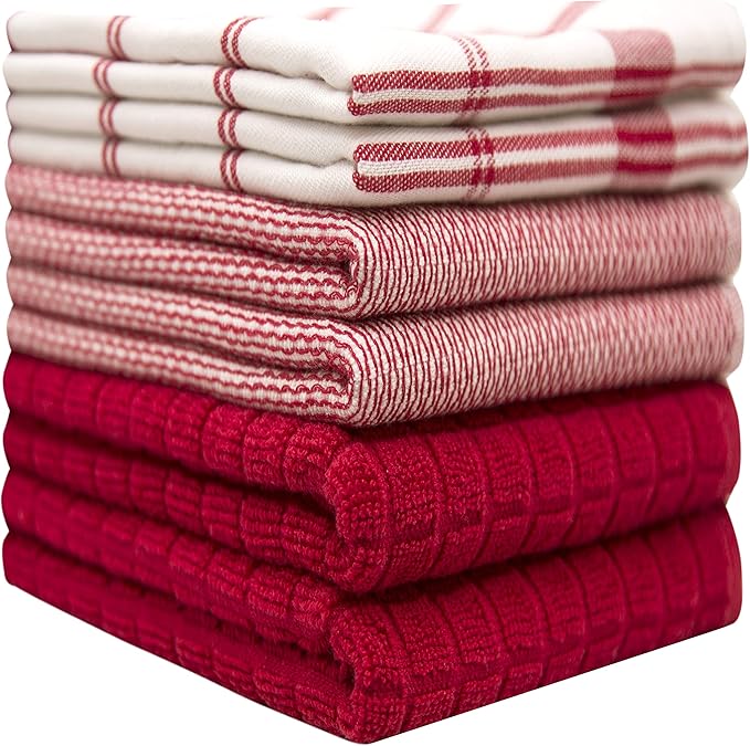 Premium Kitchen Towels 6 Pack Large Cotton Flat Terry Absorbent Tea Towels with Hanging Loop Red Check 20x28