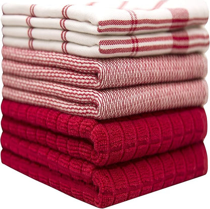 Premium Kitchen Towels 6 Pack Large Cotton Flat Terry Absorbent Tea Towels with Hanging Loop Red Check 20x28