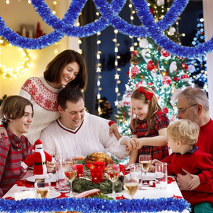 50 Feet Blue Christmas Tinsel Garland for Christmas Tree Decorations, Xmas Metallic Twist Shiny Hanging Garland Decor for Mantle Stairs Fireplace Home Holiday Indoor Outdoor