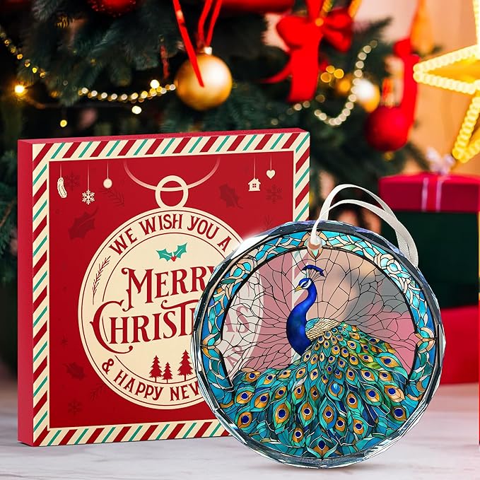 Peacock Ornaments for Christmas Tree - Peacock Christmas Ornaments, Colored Decorations for Home, Stained Glass Style, Great Gifts for Women