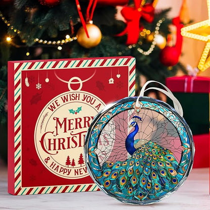 Peacock Ornaments for Christmas Tree - Peacock Christmas Ornaments, Colored Decorations for Home, Stained Glass Style, Great Gifts for Women