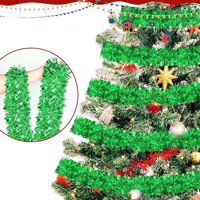50FT Green Christmas Tinsel Garland - Metallic Tinsel Glitter Twist Garland Hanging Streamers for Indoor Decor, Xmas Tree Garlands Decorations