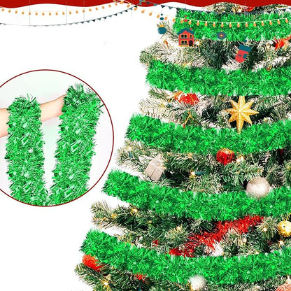 50FT Green Christmas Tinsel Garland - Metallic Tinsel Glitter Twist Garland Hanging Streamers for Indoor Decor, Xmas Tree Garlands Decorations