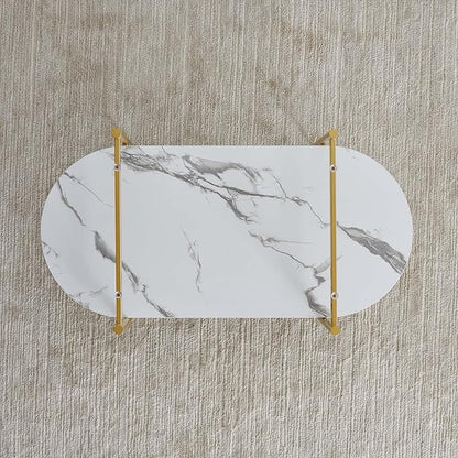 Oval Coffee Table, Mid-Century Modern Design, L41 x W21 x H17 inch, for Living Room, Clear Glass Top, White Marble Finish Wood Shelf & Gold Finish Frame