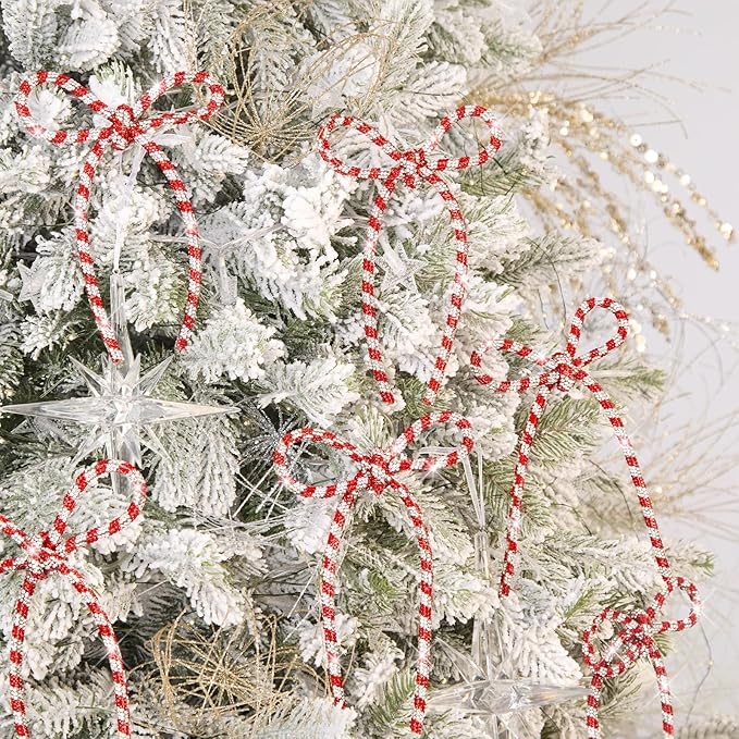 FLAIR GIFTS 6 Pcs 4.3" x 6" 2025 Christmas Bows for Tree Decor, Candy Cane Sparkly Glitter Rhinestone Bow Ornaments with Twist Tie for Xmas Decoration, Wreath, Garland, Gift Wrapping