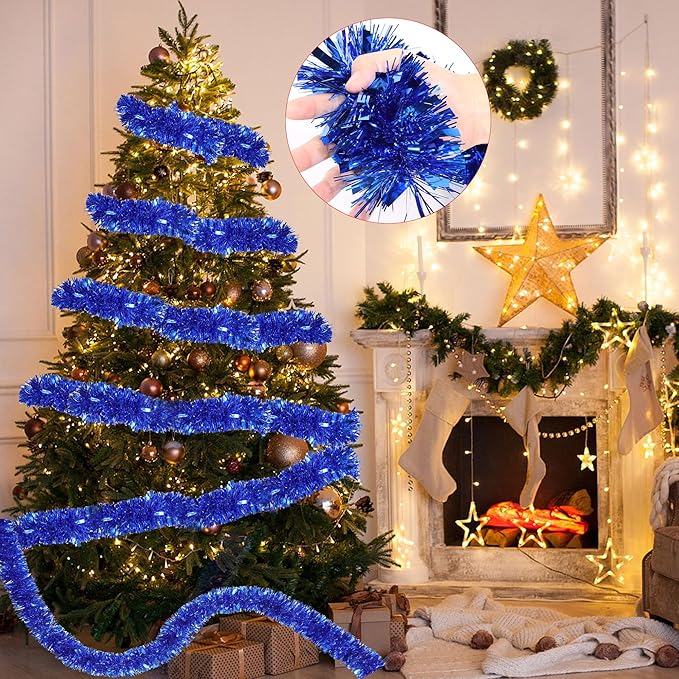50 Feet Blue Christmas Tinsel Garland for Christmas Tree Decorations, Xmas Metallic Twist Shiny Hanging Garland Decor for Mantle Stairs Fireplace Home Holiday Indoor Outdoor