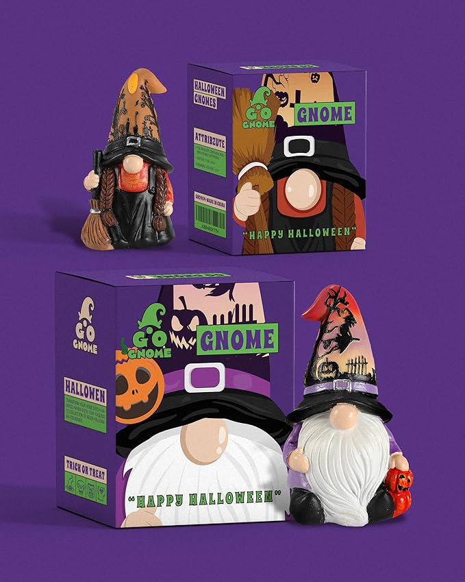 Halloween Gnomes and Witch Figurines - 2Pack Lights Up Fall Gnome - 4.5'' Resin Indoor Halloween Decor for Women (Gnomes)