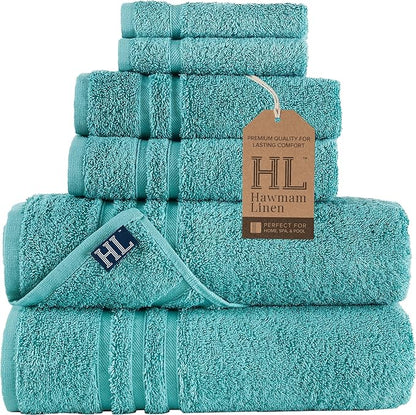 Hawmam Linen Teal Turquoise 6 Piece Bath Towels Set for Bathroom Original Turkish Cotton Soft, Absorbent and Premium 2 Bath Towels, 2 Hand Towels, 2 Washcloths