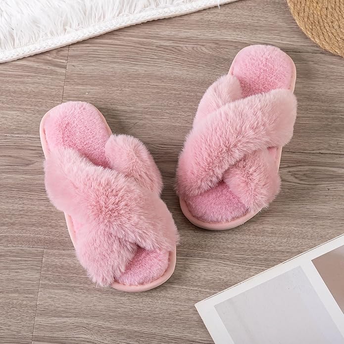 Women's Slipper Memory Foam Cross Band Fuzzy Slippers Open Toe Cozy House Slippers Cozy Plush Bedroom Indoor Outdoor