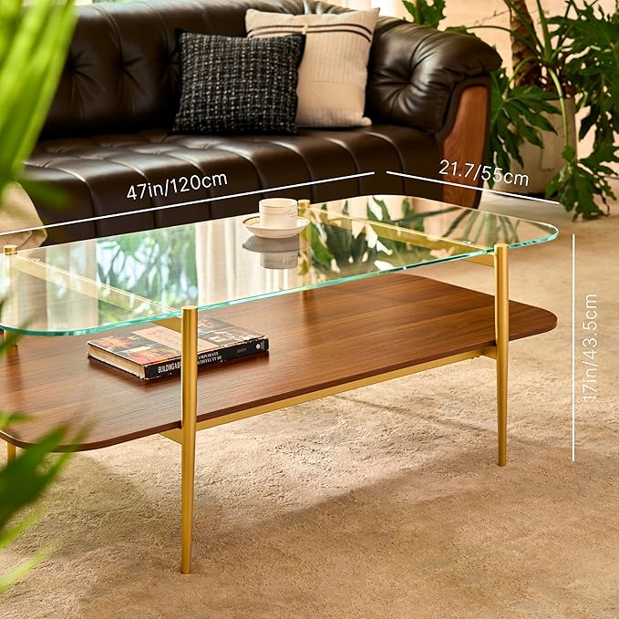 Saint Mossi Tadio Oval Glass Coffee Table, Double Layer Coffee Table for Living Room, Clear Glass & Coffee Brown MDF Bottom Shelf, H17xL47xW21