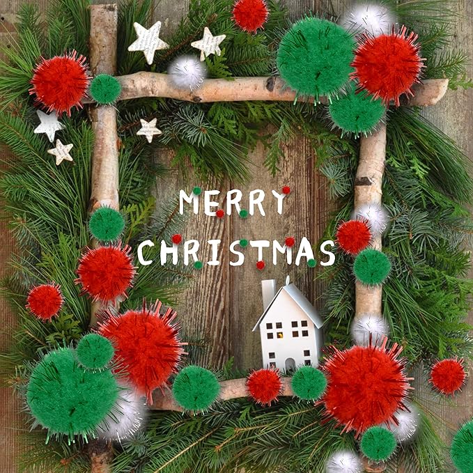 Greentime Christmas Pom Pom 1140 Pcs Glitter Fluffy Balls Pompoms Red Green White for DIY Crafts Home Party Xmas Decorations Supplies (4 Sizes)