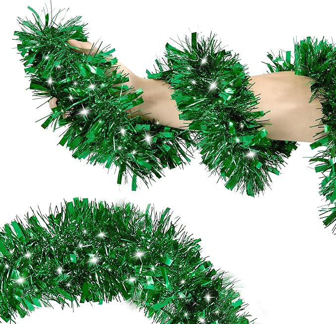 50FT Tinsel Christmas Garland Metallic Twist Garland Shiny Hanging Tinsel for Christmas Tree Party Supplies Indoor Outdoor Home Xmas Decoration (Green)