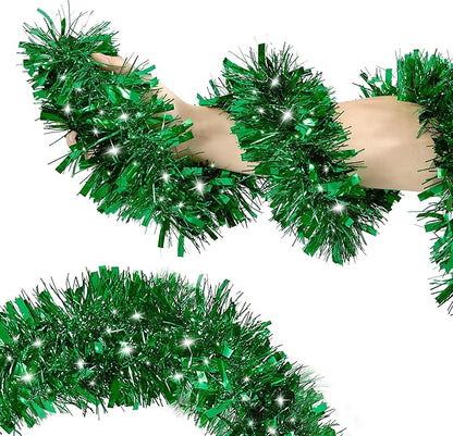 50FT Tinsel Christmas Garland Metallic Twist Garland Shiny Hanging Tinsel for Christmas Tree Party Supplies Indoor Outdoor Home Xmas Decoration (Green)